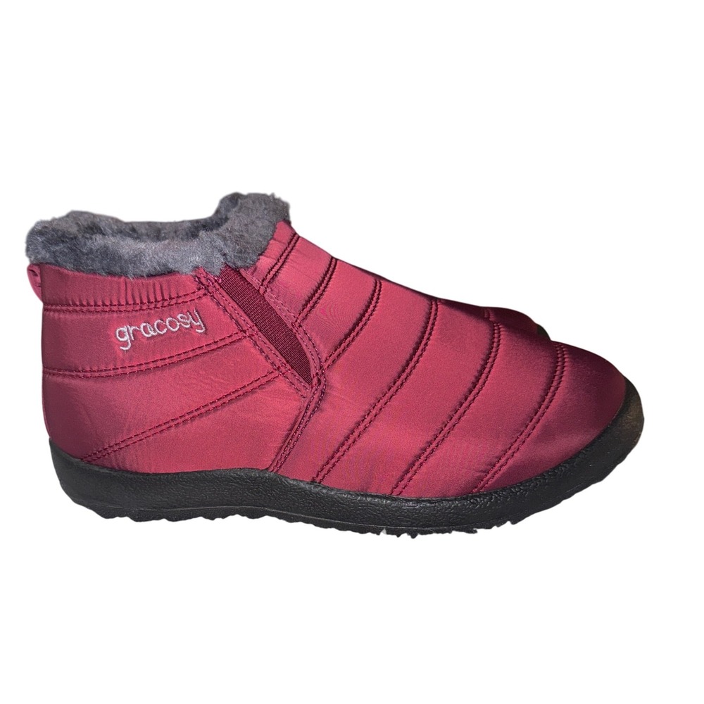 Gracosy Quilted‎ Waterproof Ankle Boots With Fur Lining Red Slip On Women's  8